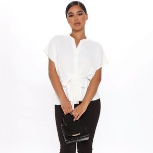 White short sleeve tie waist blouse